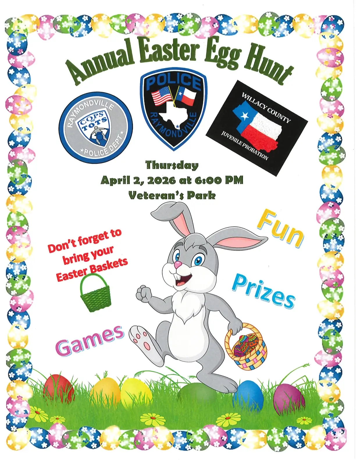 Easter egg hunt flyer with colorful eggs and Bugs Bunny illustration.